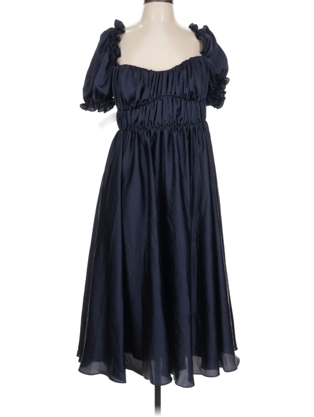 Fame And Partners Milkmaid Puff Sleeve Cocktail Navy Satin Midi Dress‎ Size 12